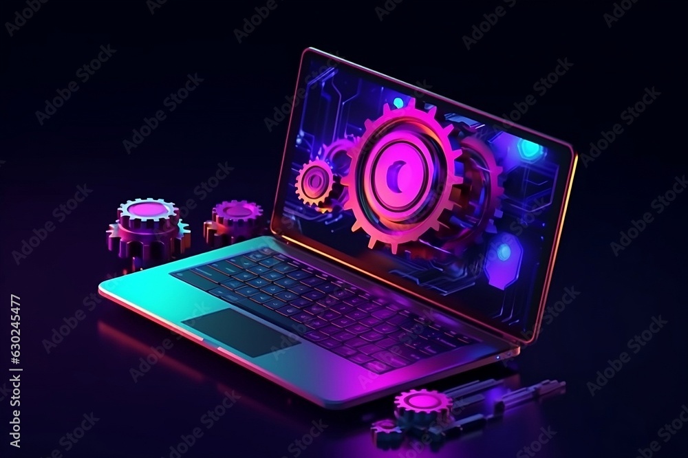 Aufkleber system update concept with laptop computer and gear machine with 3d style graphic, generative ai