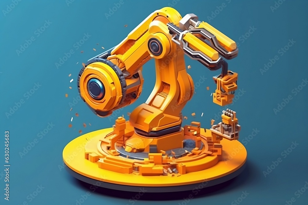 Poster smart factory with robotic arm 3d low poly isometric view graphic, generative ai