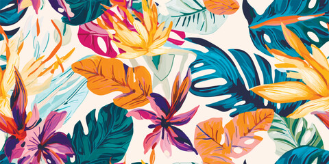 Modern exotic jungle plants illustration pattern. Creative collage contemporary seamless pattern. Fashionable template for design - obrazy, fototapety, plakaty