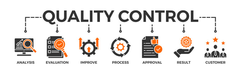 Quality control banner web icon vector illustration concept for product and service quality inspection with an icon of analysis, evaluation, improve, process, approval, result, and customer