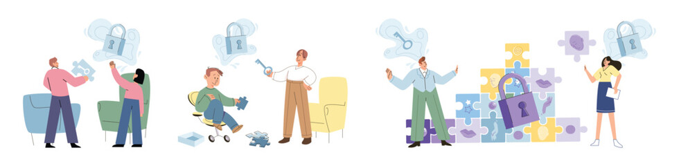 Psychologist and patient with tangled and untangled mind metaphor, doctor solving psychological problems couch consultation, mental health. Online ai therapy. Mental therapy sessions game. Life puzzle