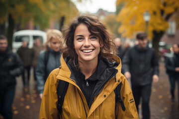 Fototapeta na wymiar happy people walk through the streets, their faces adorned with smiles as they embrace the beauty of the raindrops falling, creating a cheerful and cozy atmosphere on a rainy autumn day