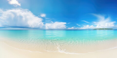 Beautiful sandy beach with white sand and rolling calm wave of turquoise ocean on Sunny day on background white clouds in blue sky. Island in Maldives, Generative AI
