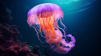 Obraz premium a huge multi-colored jellyfish swims in the depths of the ocean Generative AI