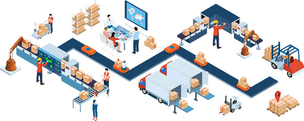 3D isometric automated warehouse robots and Smart warehouse technology Concept with Warehouse Automation System and Autonomous Robot Transportation operation service. 