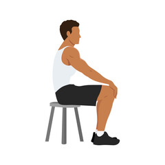 Man doing Seated in self. Athlete do lotus position. Full lotus. Sitting pose. Asana in yoga. Breath holding. Sunken abdomen. Flat vector illustration isolated on white background