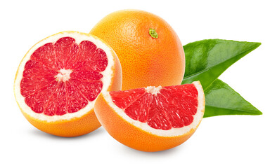 grapefruit with slices and green leaves isolated on white background. clipping path