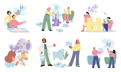 Psychologist and patient with tangled and untangled mind metaphor, doctor solving psychological problems couch consultation, mental health. Online ai therapy. Mental therapy sessions game. Life puzzle