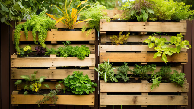 Recycled pallets with hanging plants creating a vertical garden