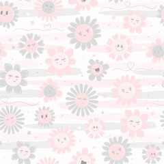 Seamless pattern with smiling flowers in pale pastel colors. Vector illustration for nursery room decoration and baby textile.