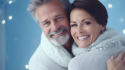 Pretty mature couple wearing winter sweater hugging each other snow falling blurred bokeh background, smiling, happy, Christmas mood