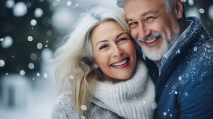 Pretty mature couple wearing winter sweater hugging each other snow falling blurred bokeh background, smiling, happy, Christmas mood