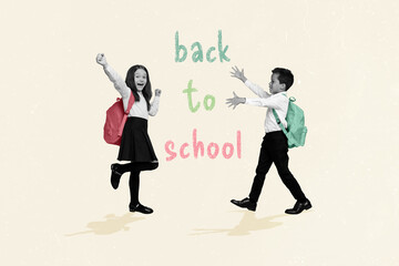 Collage of two classmates children back school september autumn knowledge day wearing stylish...