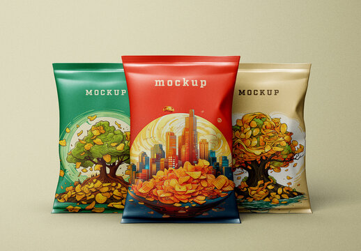 Colorful Chips Bag Mockup &ndash; Trio Layout Featuring Fantasy Tree and Golden City Artwork for Bold Snack Packaging Design
