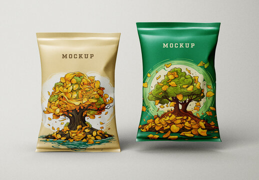 Minimal Snack Packaging Mockup &ndash; Dual Bag Design with Coin Tree Illustration for Organic or Financial-Themed Branding