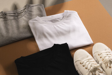 Close up of folded t shirts and white sneakers and copy space on brown background