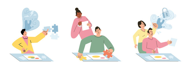 Private psychology, psychotherapy help concept. Psychologist assistant service, support therapy set. Mental therapy sessions with psychotherapists. Teenage, couple, individual and group psychology