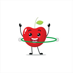 Cute and funny cherry doing hula hoop. fruit doing fitness or sports exercises. Happy character working out vector illustration.
