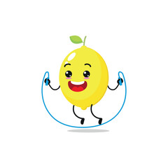 Cute and funny lemon doing jumping rope. fruit doing fitness or sports exercises. Happy character working out vector illustration.