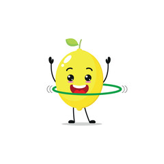 Cute and funny lemon doing hula hoop. fruit doing fitness or sports exercises. Happy character working out vector illustration.
