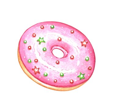 Pink donut with colored sprinkles, watercolor illustration isolated on white background