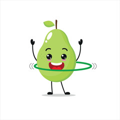 Cute and funny pear doing hula hoop. fruit doing fitness or sports exercises. Happy character working out vector illustration.