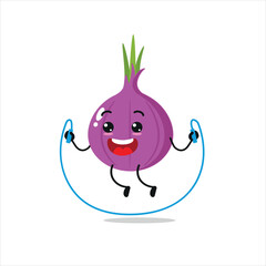 Cute and funny red onion doing jumping rope. Vegetable doing fitness or sports exercises. Happy character working out vector illustration.