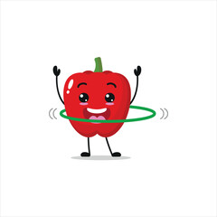 Cute and funny red paprika doing hula hoop. Vegetable doing fitness or sports exercises. Happy character working out vector illustration.