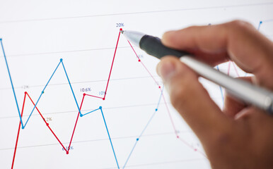 Hand, growth and chart with drawing, closeup and office for planning, analytics and ideas for investing. Finance employee, pen and board for innovation, stats and vision with graph for stock market