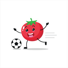 Cute and funny tomato play football. Vegetable doing fitness or sports exercises. Happy character soccer working out vector illustration.