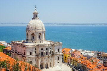 View of the Alfama neighborhood in Lisbon, capital city of Portugal. The National Pantheon in front of the Tagus river. Copy space.