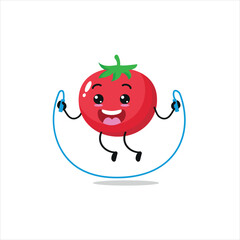 Cute and funny tomato doing jumping rope. Vegetable doing fitness or sports exercises. Happy character working out vector illustration.