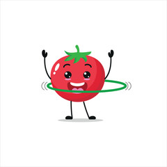 Cute and funny tomato doing hula hoop. Vegetable doing fitness or sports exercises. Happy character working out vector illustration.