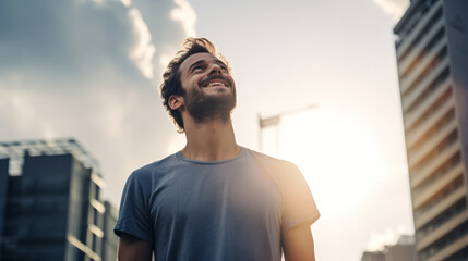 A happy young caucasian man looking up at the sky alone in a busy city, sun shining