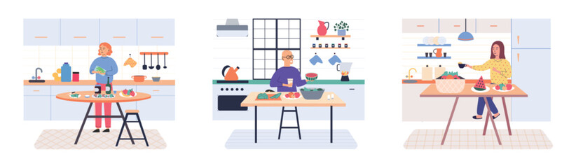 People cooking vegetarian food. Vector illustration. Smiling people cooking on home interior kitchen table. Characters cooking fresh salad and other healthy meals from fresh vegetables