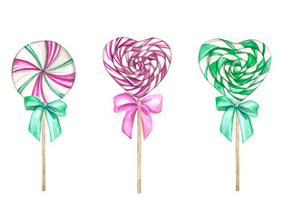 Christmas striped lollipops pink green white color set. Watercolor illustration isolated on a transparent background. Christmas, new year, birthday