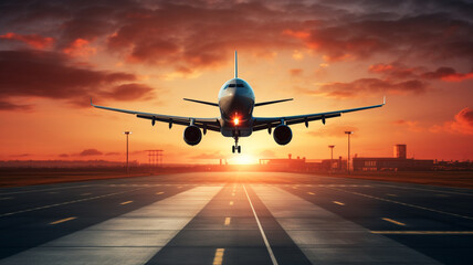 Fototapeta na wymiar Airplane taking off at airport with sunrise background. Ai generative.