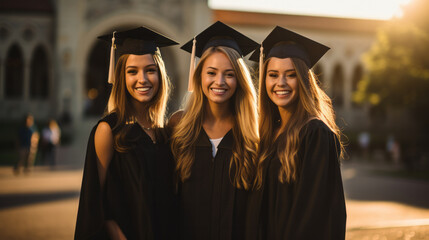 College graduation photo of 3 beautiful american student girls wearing traditional regalia