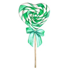 Green lollipop in the shape of a heart with a bow. Watercolor illustration isolated on a transparent background. Christmas, New Year, Valentine's Day, Birthday