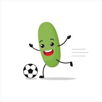 Cute and funny cucumber play football. Vegetable doing fitness or sports exercises. Happy character soccer working out vector illustration.