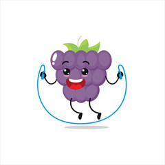 Cute and funny grape doing jumping rope. fruit doing fitness or sports exercises. Happy character working out vector illustration.