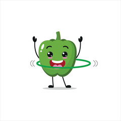 Cute and funny green paprika doing hula hoop. Vegetable doing fitness or sports exercises. Happy character working out vector illustration.

