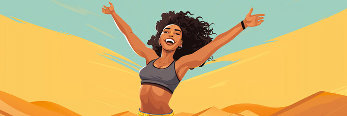 young happy african american woman with raised hands rejoices in life, colorful illustration. Generative Ai. 