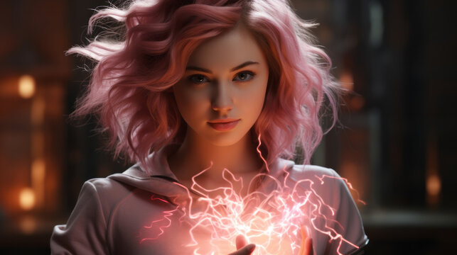 Super cute young superheroine with short pink hair wearing superhero costume and pink superpowers