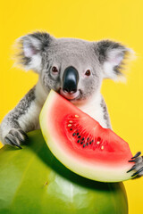 Funny koala holding a slice of watermelon