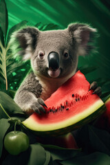 Funny koala holding a slice of watermelon