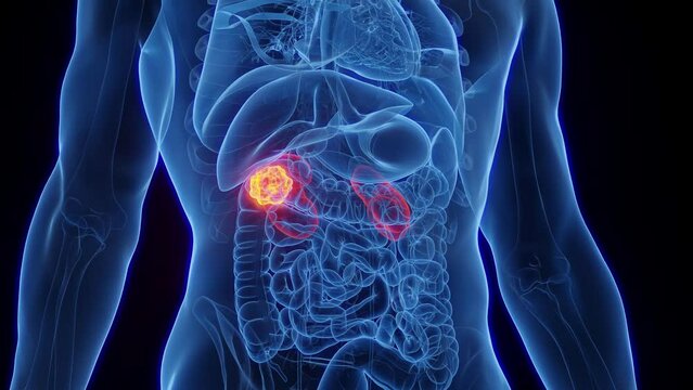 Animation of a cancerous tumor in a man's right kidney
