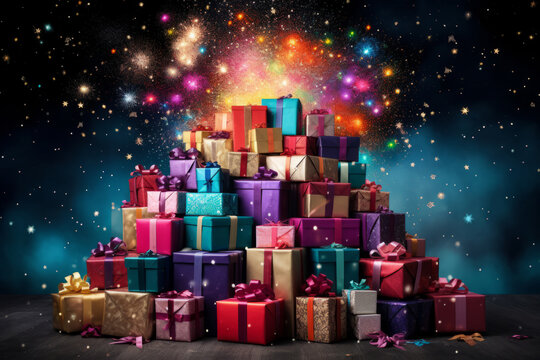 Giant pile of colorful present boxes , fireworks, festive background