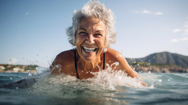 Happy mature senior woman swimming in the sea