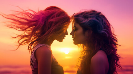Two lesbian girls kissing facing each other on a synthwave colors sunset with hair blowing in the wind - obrazy, fototapety, plakaty